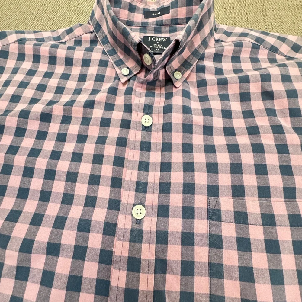J.Crew Flex Washed Slim Fit Gingham Button Down Shirt Mens Medium Pink Navy